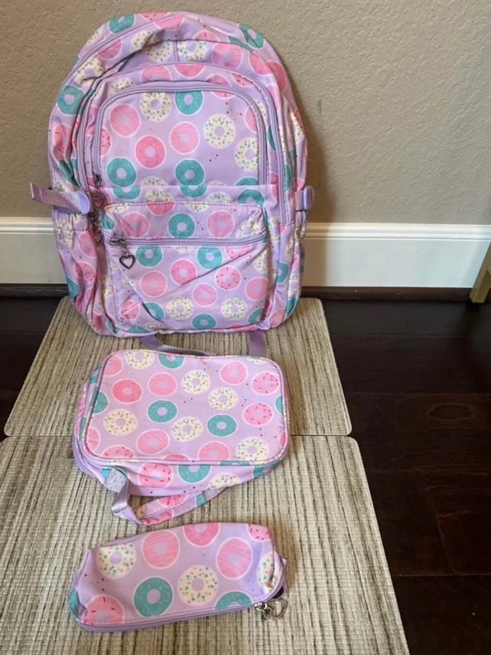 Kids Pink Donut Pattern Backpack Set - 3-Piece Lunchbox & Pencil Case